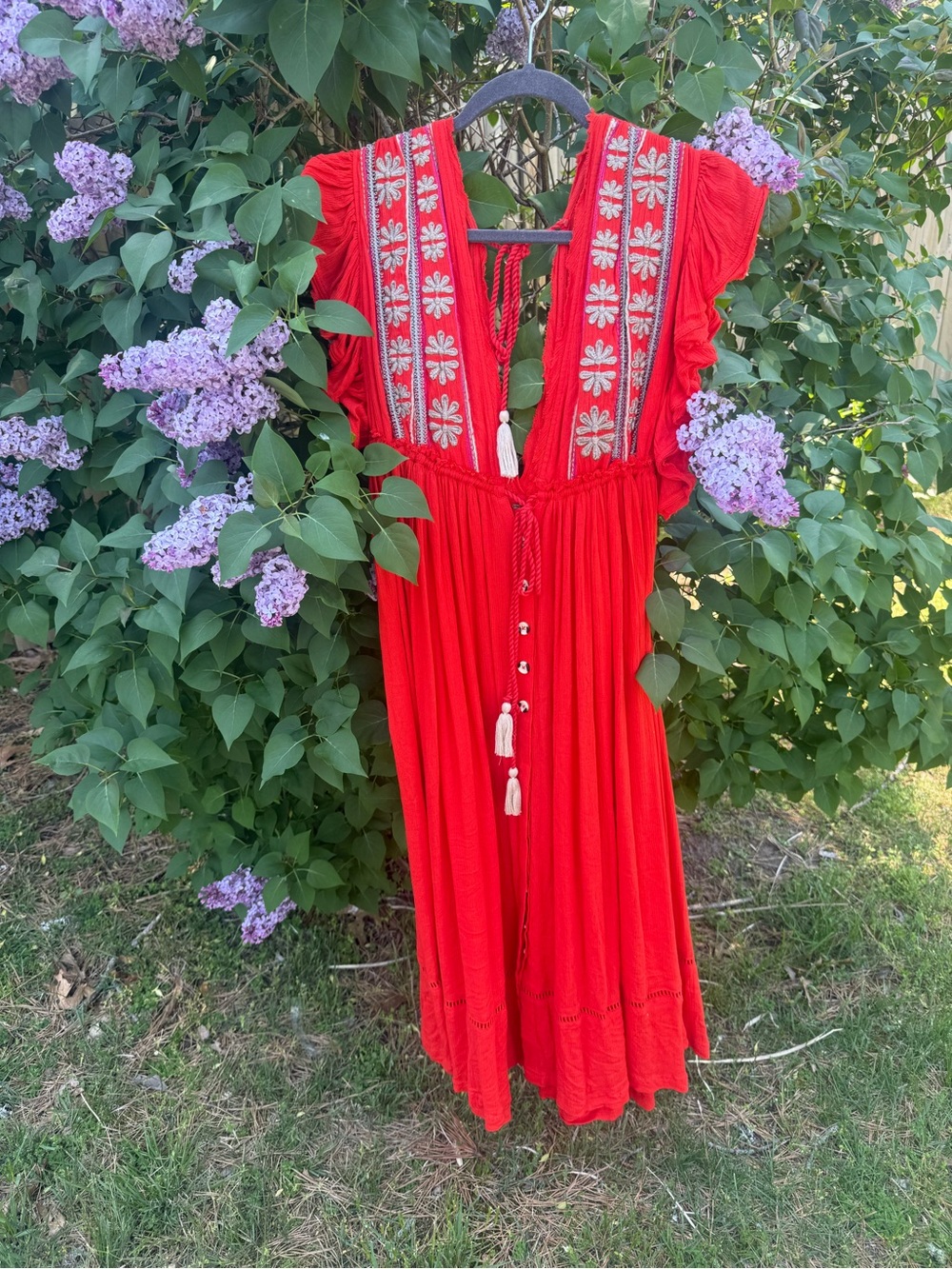 Red Embroidered Boho Midi Dress with Tassels